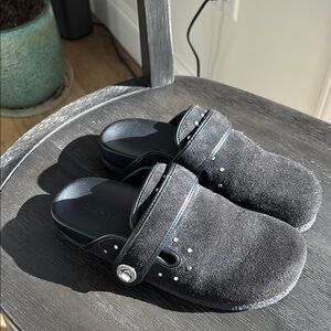 Coach Black Suede Clogs with Turnlock Strap
 Size 7B